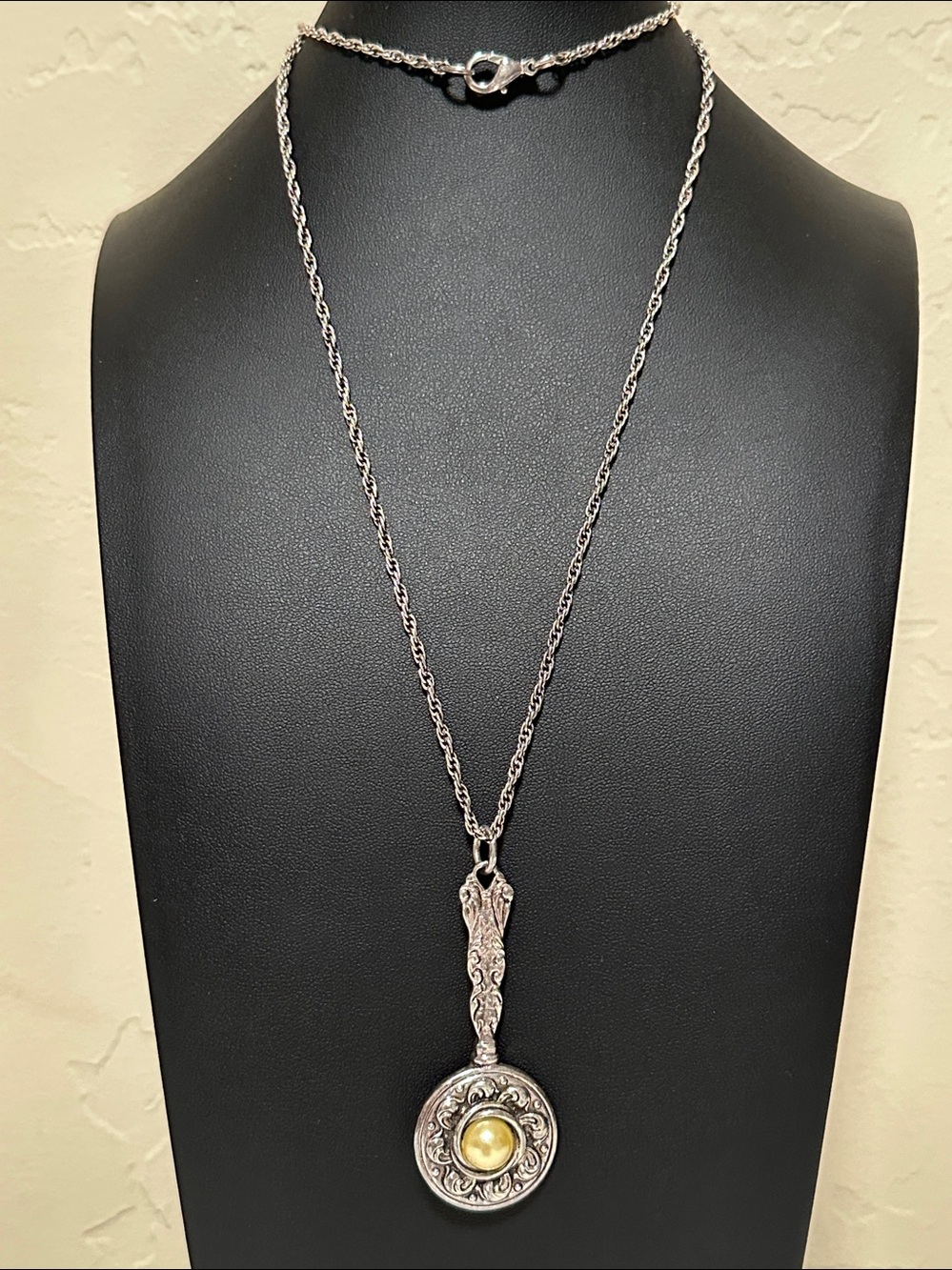 Vintage Miniature Hand Mirror Pendant Necklace - Faux Cabochon Pearl Accent